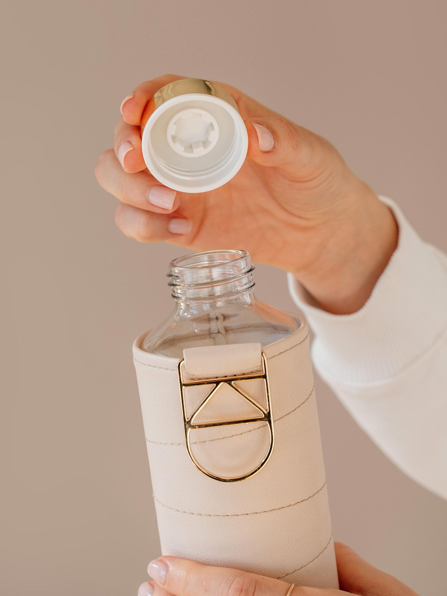 Close up of lid and neck of Mismatch Beige water bottle