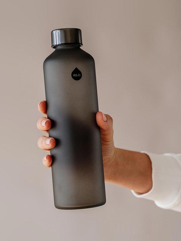 Ash glass water bottle by EQUA in black colour and with black matte finish giving it an elegant and unisex look.