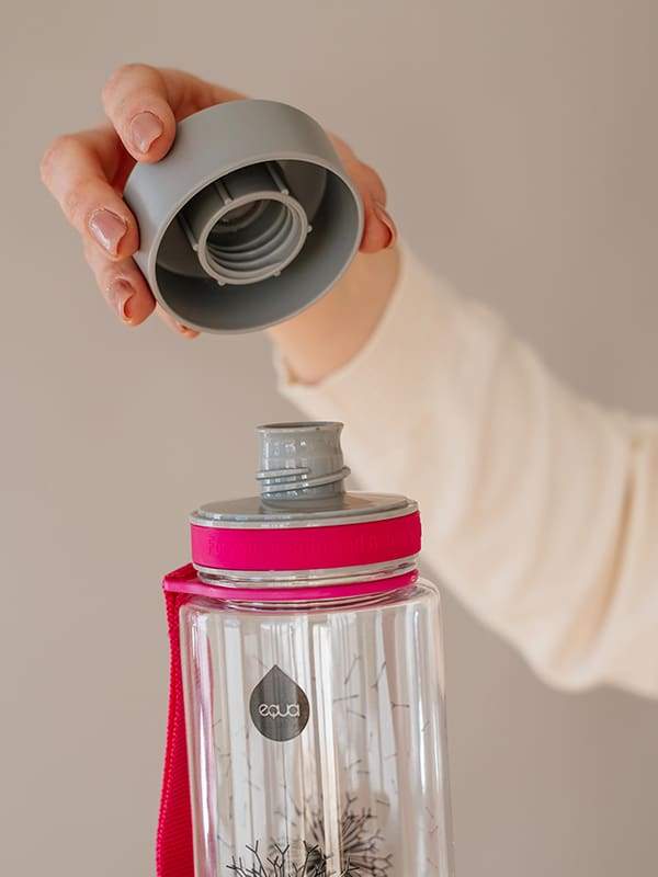 EQUA BPA FREE water bottle, Dandelion, close up of the lid and mouth piece, pink and grey color