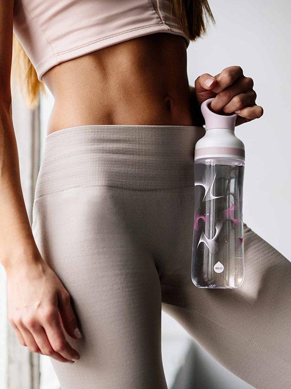 EQUA BPA FREE FLOW water bottle, Bounce, yoga girls is holding bottle in her hand, graphic motif, purple color