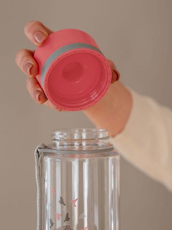 EQUA BPA FREE water bottle, Esprit Birds, close up of the lid, pink color