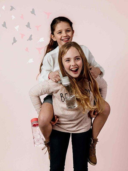 EQUA BPA FREE water bottle, Esprit Birds, two happy girls holding water bottles, having fun, pink color