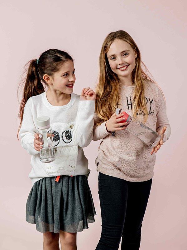 EQUA BPA FREE water bottle, Esprit Birds, two happy and smiling girls holding water bottles, pink color