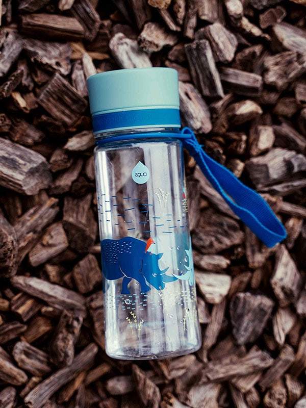 EQUA BPA FREE water bottle, Rhino, close up of the water bottle in the nature, motif of rhinos, blue color