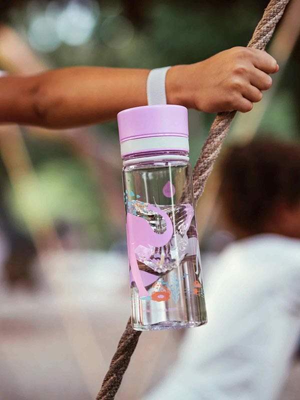 EQUA BPA FREE water bottle, Elephant, held by handle, picture of the bottle in the nature, motif of elephants, purple and grey color