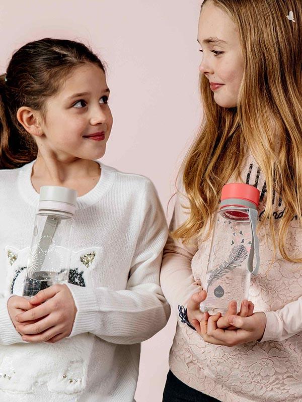 EQUA BPA FREE water bottle, Esprit Birds, two happy and girls holding water bottles and looking at each other, pink color