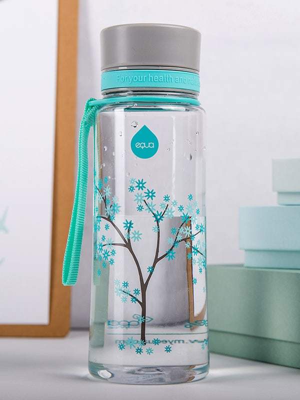 EQUA BPA FREE water bottle, Esprit Mint Blossom, water bottle standing on the office desk, motif of a tree, mint and grey color