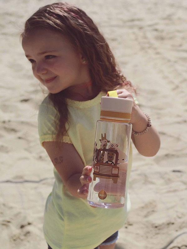 EQUA BPA FREE water bottle, Safari, happy little girl holding water bottle, motif of animals, beige color