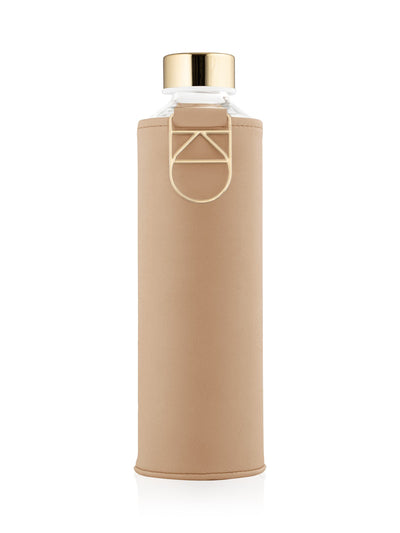 Sienna glass water bottle in beige with gold lid and holder
