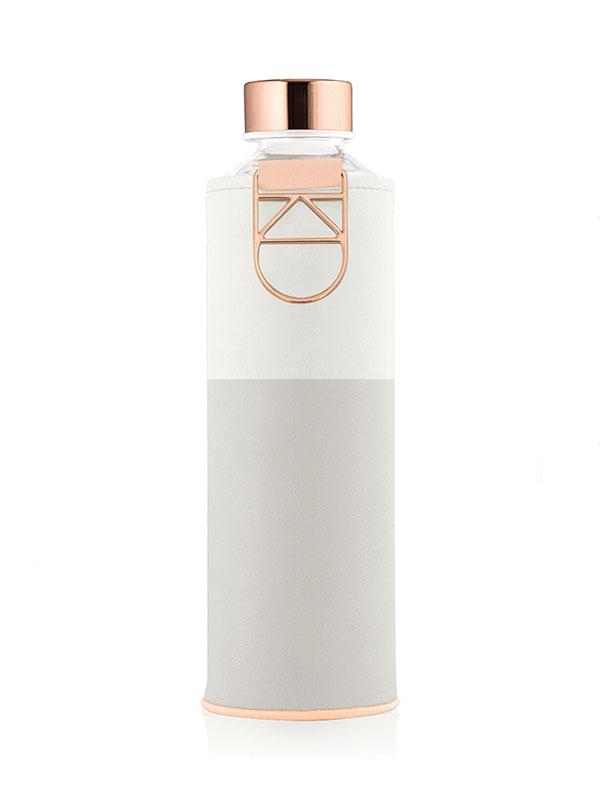 EQUA Sage glass bottle with white and grey faux leather cover and golden lid and metallic handle