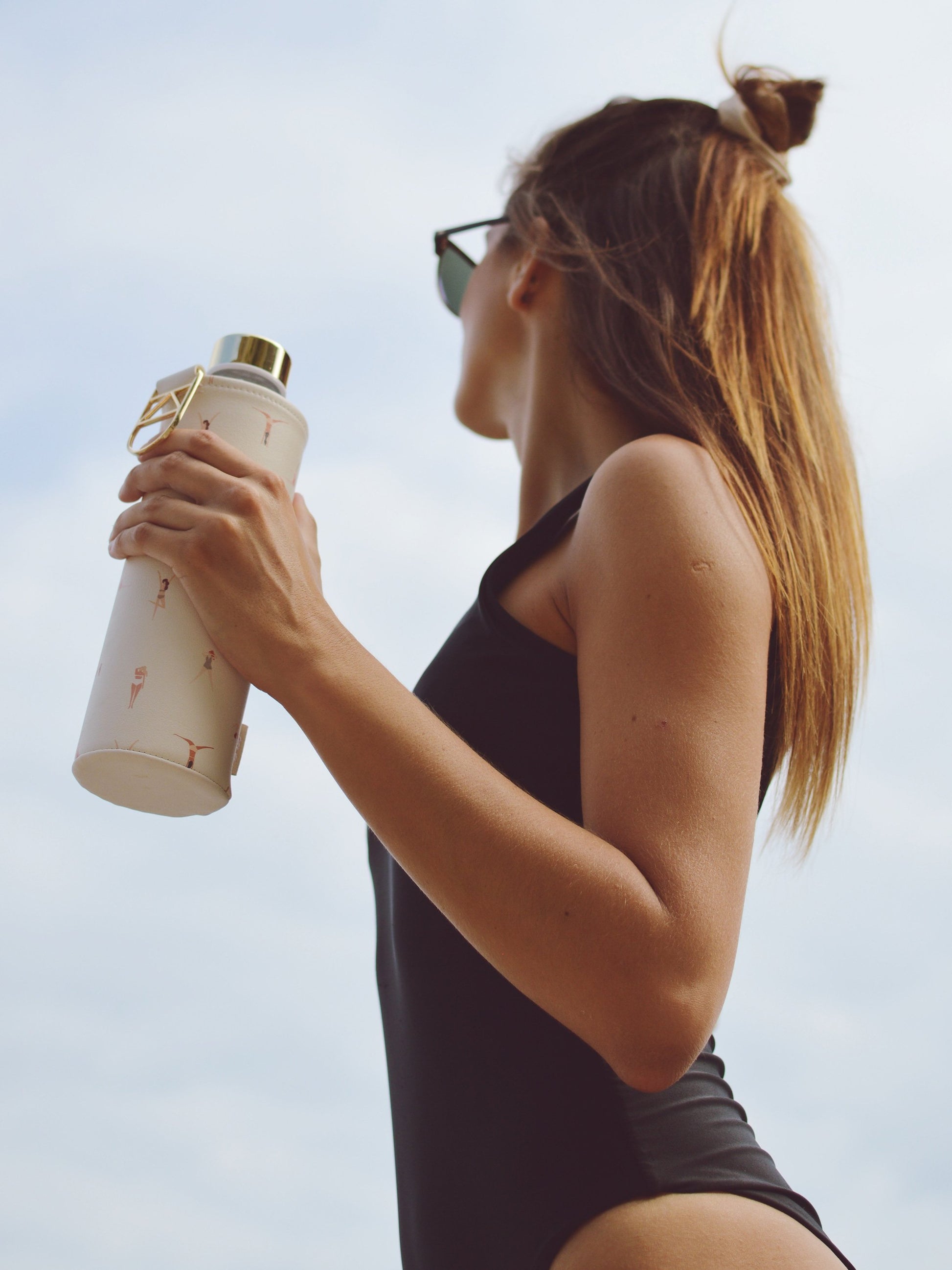 EQUA glass water bottle - faux leather cover gold details